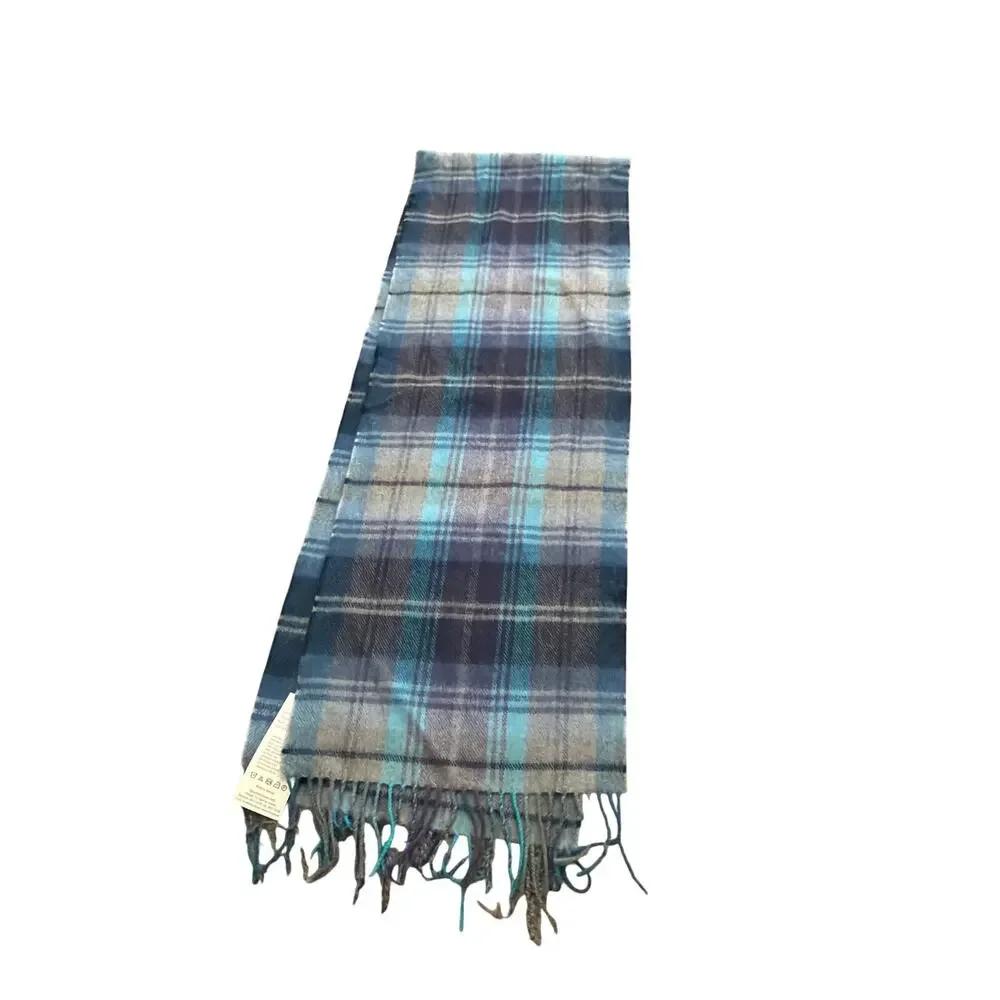 John Hanly Ireland Merino Wool Plaid Tartan Scarf Blue Grey Fringe Winter New